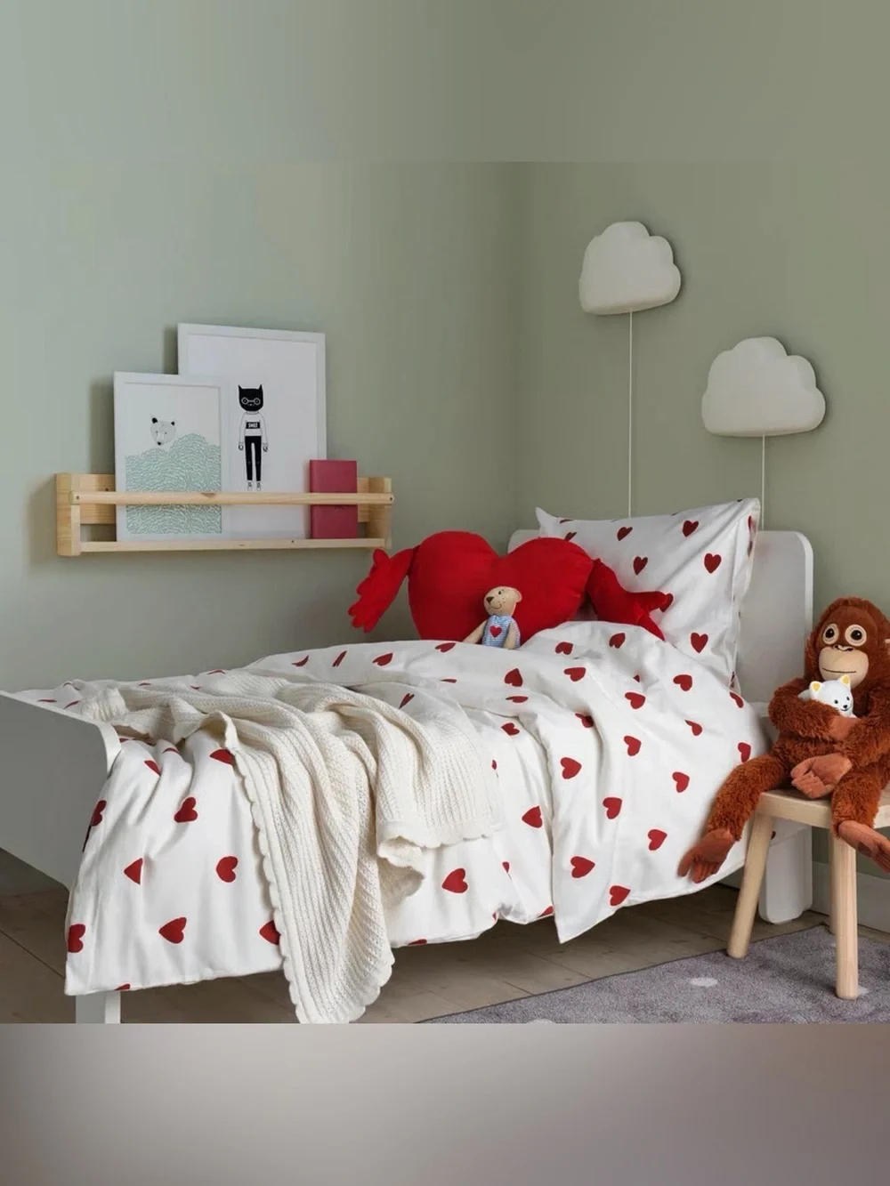 IKEA Barndröm TWIN DUVET COVER & PILLOWCASE bedding 100% RED HEARTS WHITE 2 PC